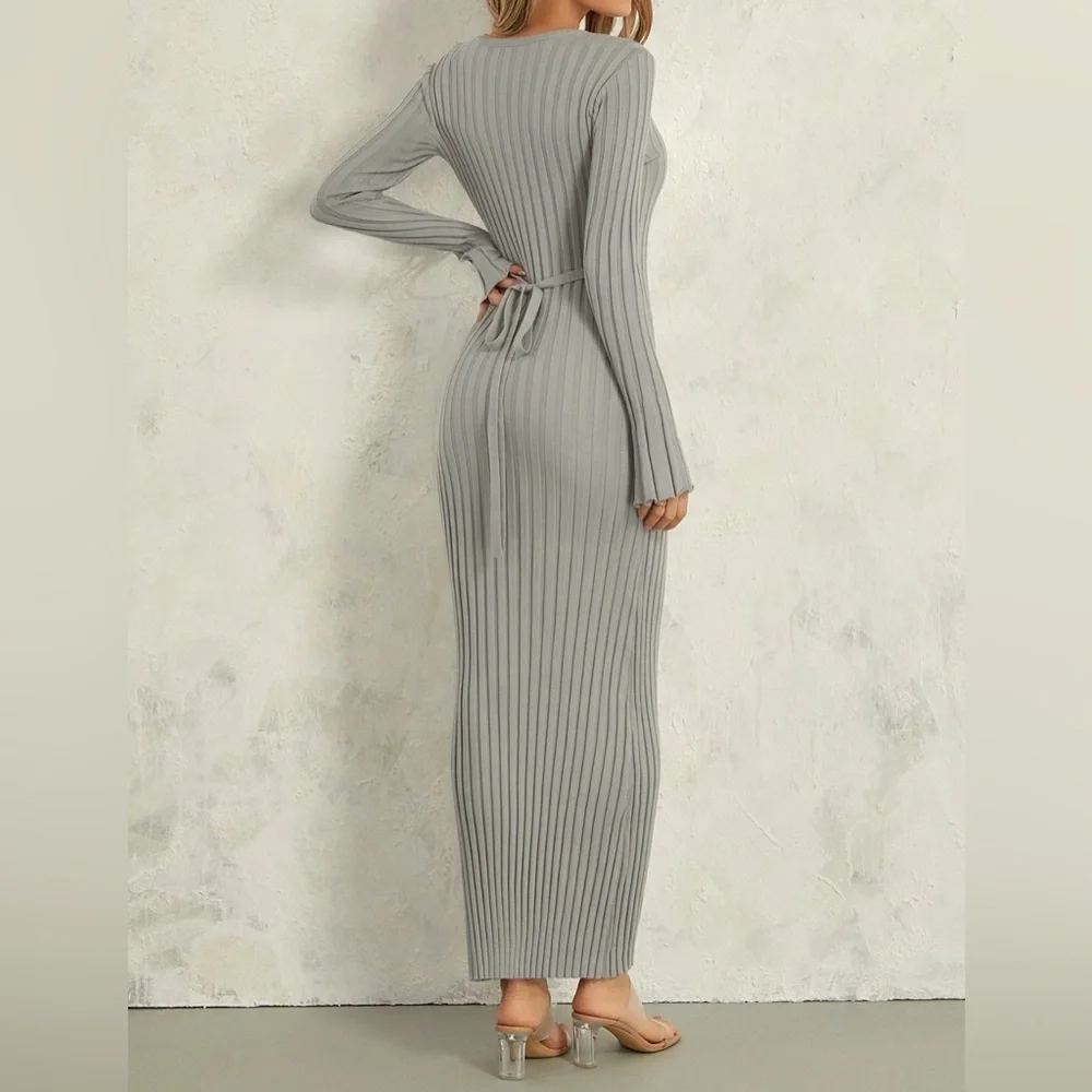 Gray Long Sleeve Ribbed Knit Belted Bodycon Dress Size S - Picture 3 of 3